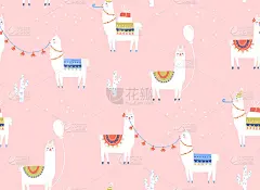骆驼无缝模式。生日派对有卡通羊驼，气球和礼物。矢量儿童粉红色背景