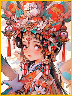 Mi家花鸟|国潮&amp;国风插画|古风女孩