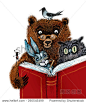 Bear, hare, owl, crow and ant read the book.Vector cartoon illustration for children