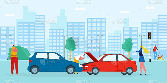 道路事故，汽车碰撞，矢量插图。卡通司机破坏运输，在街上发生车祸，损坏机器。紧急道路。素材-花瓣网