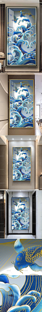 新中式轻奢抽象线条水纹海浪浪花锦鲤鲤鱼玄关装饰画挂画
