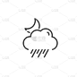雨，云和月亮细线的图标。孤立天气矢量图