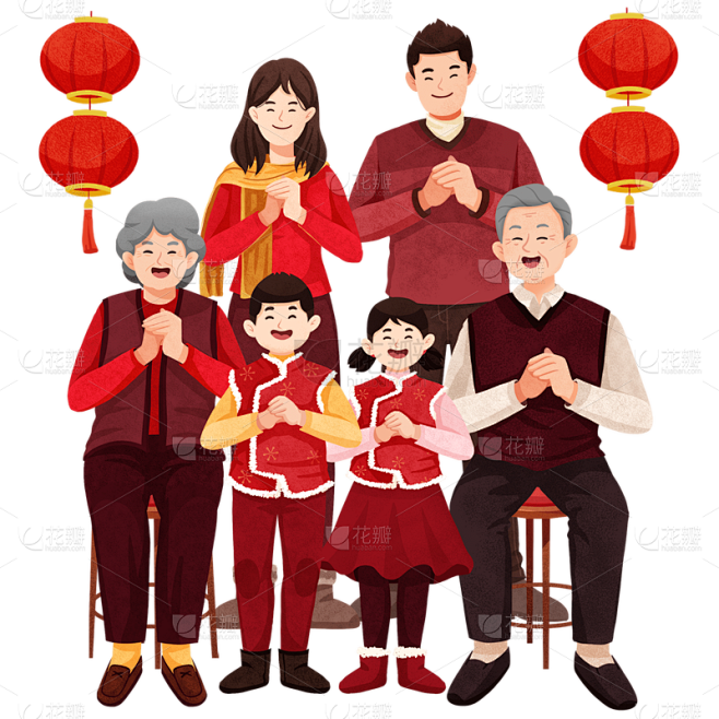 中国风元宵节一家人拜年合照插画
