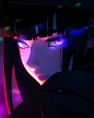 This may contain: an anime character with purple eyes and black hair, staring at the camera in front of colorful lights