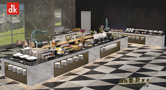 酒店早餐吧台；现场煮面明档布局设计buffet table)1-花瓣网