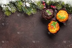 贺卡,留白,水平画幅,高视角,雪,无人,蛋糕,烘焙糕点,圣诞树
