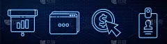 设置线光标和硬币，图形，图表，图表，信息图，网站模板和标识牌。砖墙上发光的霓虹灯图标。向量