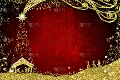 圣诞诞生场景贺卡, 抽象的手绘耶稣诞生场景和三个智者与金色的闪光, 粗野的红色背景与空白.