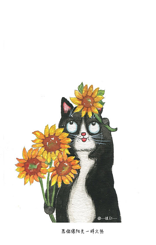 67向日葵和猫#水彩手绘##插画#