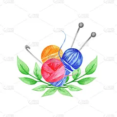 彩色孤立手工编织标志与针织服装针织店。水彩插图。您的手工工艺标志卡、横幅、海报设计理念