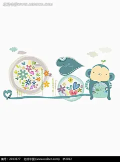 矢量印花图案-小猴和心形花朵插画|花朵|卡通|卡通人物|卡通人物图片|漫画|漫画人物|人物素材|人物图片|矢量人物|手绘|图形标识|小猴|心形|印花图案