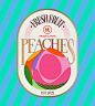 This may contain: a label for fresh fruit peaches on a blue and green striped background