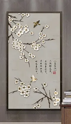 新中式手绘玉兰花鸟极简山水玄关背景墙