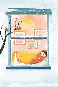 冬季风雪堆雪人可爱卡通风景插画