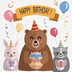 可爱动物生日贺卡高清素材 动物 可爱 小熊 微笑 气球 礼物 蛋糕 贺卡 平面广告 设计图片 免费下载