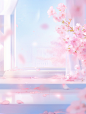 a pink blooming flower is in the corner of the room, in the style of dreamlike scenery, light sky-blue, windows vista, fairycore, transparent/translucent medium, flowing textures, 32k uhd