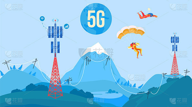 5G天线塔通信矢量插图，卡通平面自然山水景观与5G基站接收器
