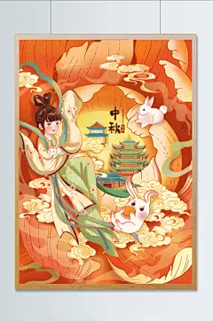 中国风中秋节嫦娥玉兔圆月建筑祥云插画