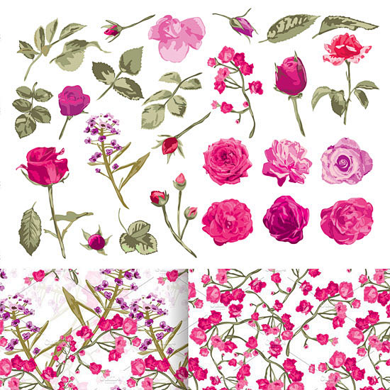 粉红玫瑰花绿叶 无缝图案EPS矢量图设计...