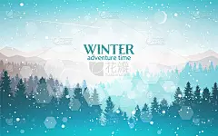 冬天的风景。山上的雪。发现、探索、观察自然的旅游理念。徒步旅游。冒险。极简多边形平面设计图形海报。矢