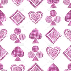 无缝矢量几何图案与图标的扑克牌。背景与手绘纹理几何图形。彩色图形插图模板包装，web背景，墙纸