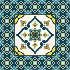 葡萄牙瓷砖图案地板矢量与复古绿色陶瓷印刷。大元素在中心与框架。马爵利卡背景与阿祖莱荷斯，墨西哥塔拉韦