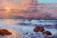 Coucher de Soleil费迪南德·杜·普伊戈多 Ferdinand du Puigaudeau1864-1930，法国后印象派“我着迷于收集每个月光笼罩的夜晚。”他的作品通过强烈的色彩对比和别具匠心的创作手法带来强烈的视觉冲击。仿佛在昏暗的夜空下闪烁着几颗小而明亮的星星，引人无尽遐想 (6)