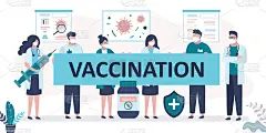 医护人员穿着制服，戴着防护口罩。人们拿着带有题词的海报接种疫苗。