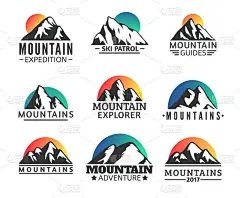 手绘山标志设置。滑雪度假村矢量图标，山的剪影元素。平顺性和单板滑雪符号孤立，旅行标签