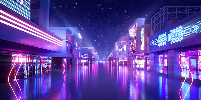蓝紫c4d赛博朋克酷炫霓虹建筑背景赛博朋...