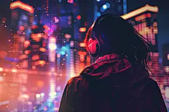 看城市夜景的年轻人背影