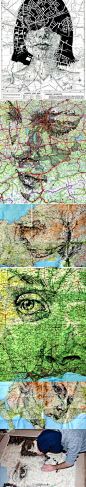 [【艺术创意】地图里营造的艺术] 一张地图？仔细看看，这些脉络清晰的交通轨道和颜色深浅不一的地质特征，给了艺术家Ed Fairburn天然的素材，利用这些地图的特点，他绘画出了这些人物肖像。