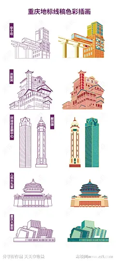 卡通手绘扁平风重庆城市地标线稿手绘上-源文件-志设网-zs9.com