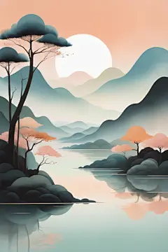 唯美国潮风扁平山水意境插画