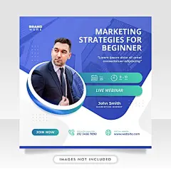 This may contain: a blue and white flyer with a man in business attire on it's side