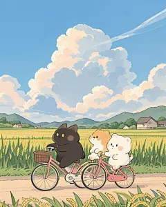 黑色小猫和白色小熊在稻田骑车玩耍