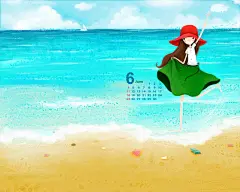 韩国插画卡通壁纸 沙滩美女