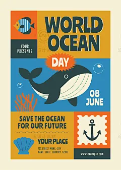 世界海洋日手绘海底世界大海鲸鱼章鱼海豚鱼插画ps海报ai设计素材-淘宝网