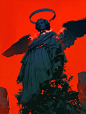 This may contain: a painting of an angel standing in front of a red sky