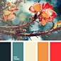 On the background of warm red and orange, turquoise, an initially cold color, acquires a warm, gentle tone. This palette is perfect for a living room, but.