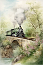 vintage steam train crossing an old bridge in the springtime, green trees and wildflowers, in the style of currier and ives, watercolor, soft tones