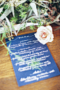 Rehearsal dinner menu with white calligraphy on blue paper | Stephanie Yonce Photography and Amore Events by Cody | see more on: http://burnettsboards.com/2014/08/european-flavored-al-fresco-rehearsal-dinner/