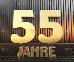 金色的数字55(数字55)和“年”这个词映衬在夕阳的光线下的金属矩形平行六面体。从德语翻译过来的- 