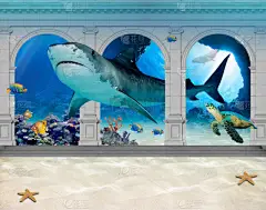 儿童壁纸。神奇的水下世界，3D艺术，3D水族馆，珊瑚礁，儿童空间绘画，三维抽屉。鲨鱼.