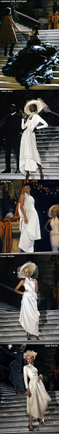 Christian Dior 1998 春夏高定
这场高定秀应该算是John Galliano办得最奢华的一次了。秀场在巴黎Garnier歌剧院，所有的服装都像是从20世纪初期的沙龙或者舞会里走出来的：露背的天鹅绒礼服、带着“新艺术”时期的花纹，貂皮制成的歌剧式外套，蕾丝紧身裙，撒满玫瑰花纹的礼帽。
结尾更有从天上飞下来的 ​​​​...展开全文c