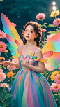 颜色曲线，女孩着色彩斑斓的连衣裙，插着神奇的翅膀，站在花丛和蝴蝶中，光线柔和，色彩梦幻，脸部和服装细节丰富，杰作，豆蔻少女 (2)