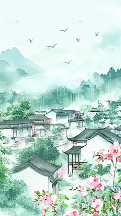 清明节国风水彩山林建筑燕子组合背景