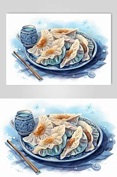 AI数字艺术冬至包饺子手绘插画