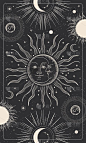用太阳和月亮的脸作画。塔罗牌，占星术插图。