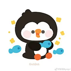 This may contain: a penguin holding a blue fish in its paws and smiling at the camera with bubbles coming out of it